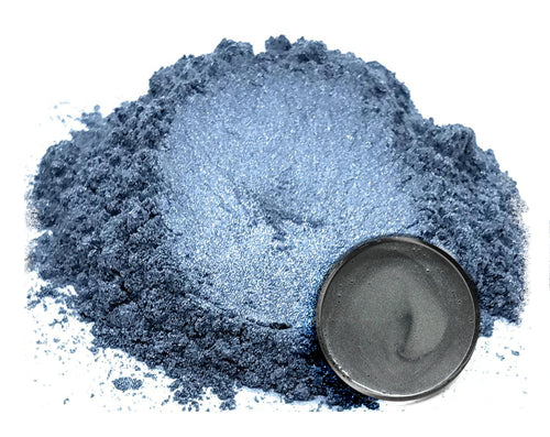 Powdered pigment by eye candy pigments for epoxy resin projects. In the color Fossil Grey 
