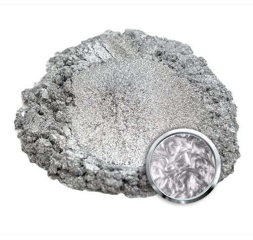 Powdered pigment by eye candy pigments for epoxy resin projects. In the color Jungin Silver.